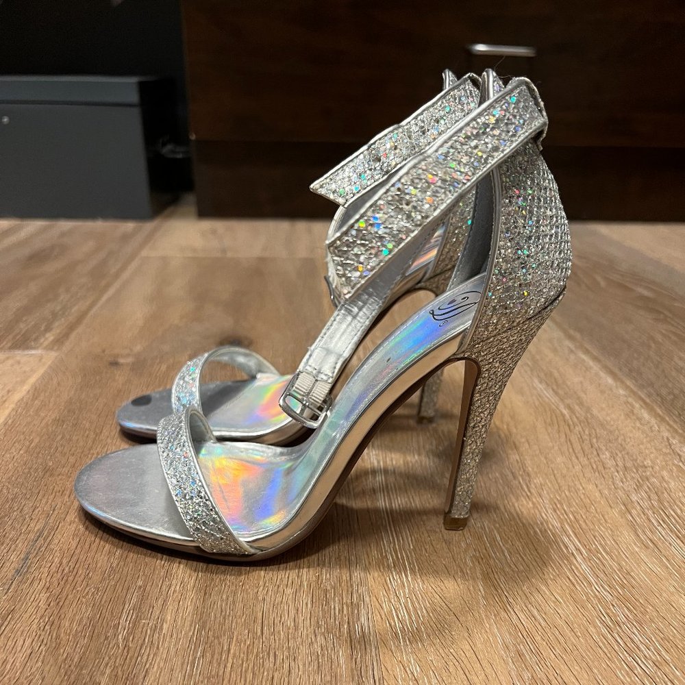 High Heel Stiletto Sandals with Ankle Strap by Delicious in Silver Sparkle